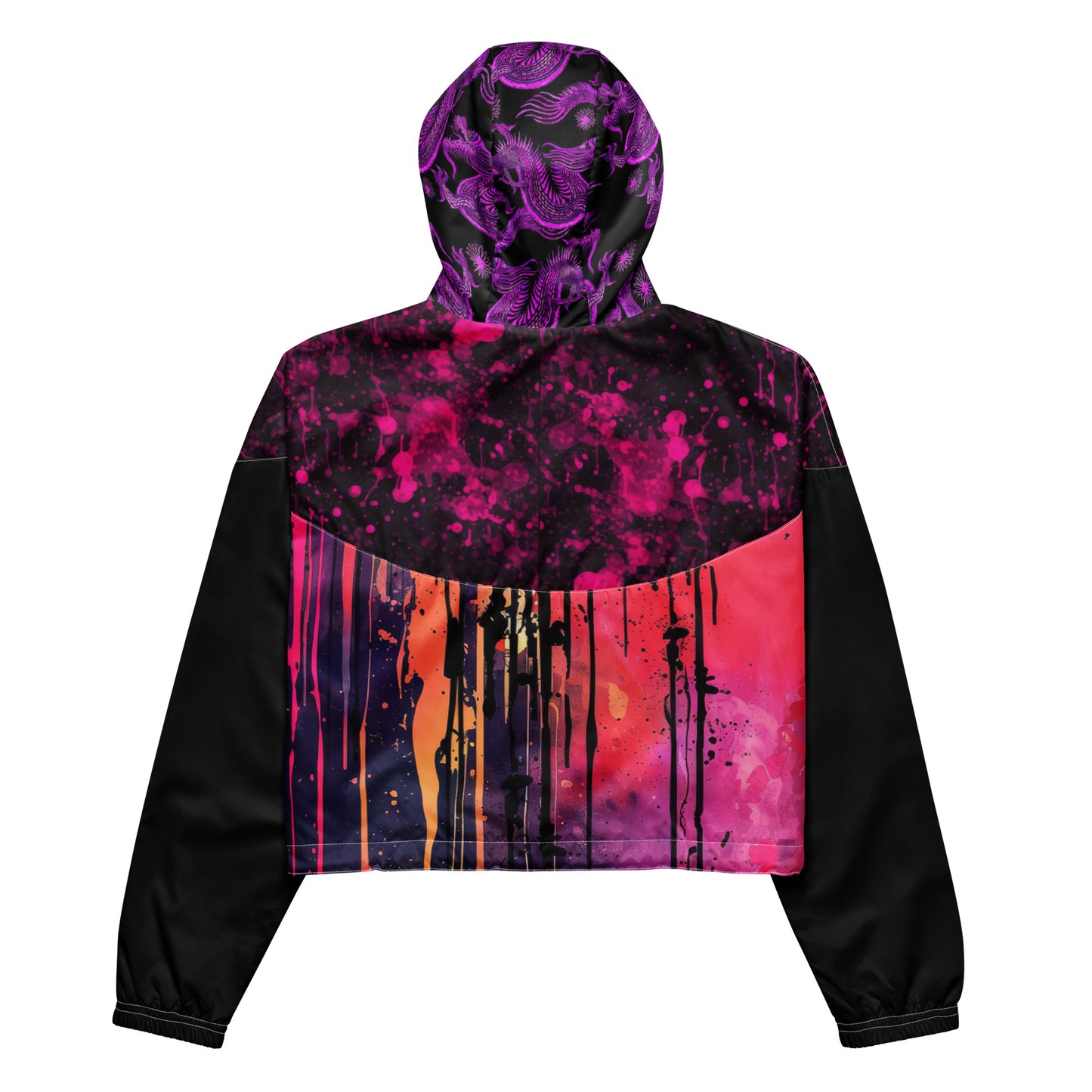 90s Style Nylon Windbreaker Jacket with Paint Splatter Print and Dragons