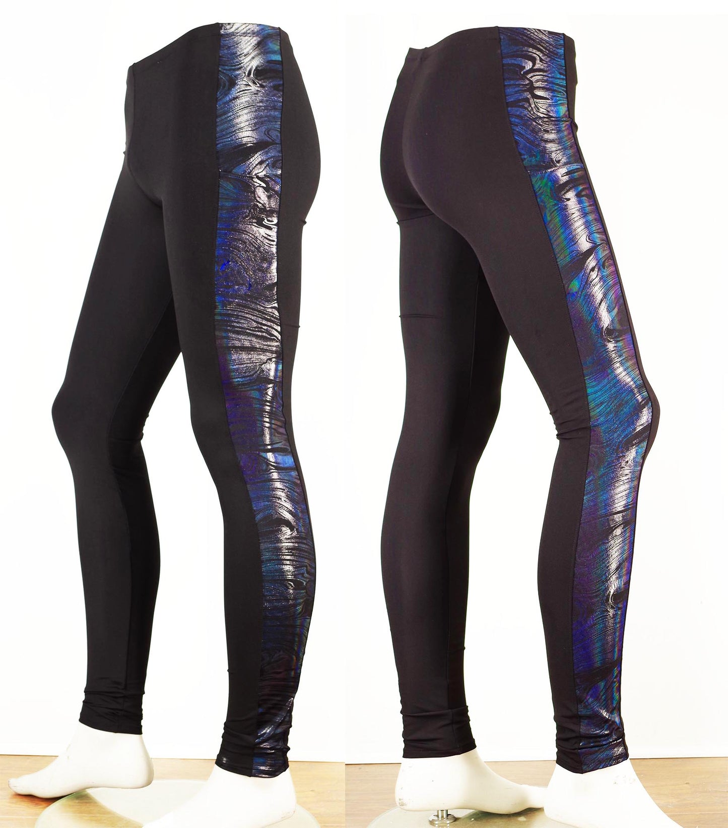 Meggings or Mens Running Tights with Iridescent Black Strip and Phone Pocket