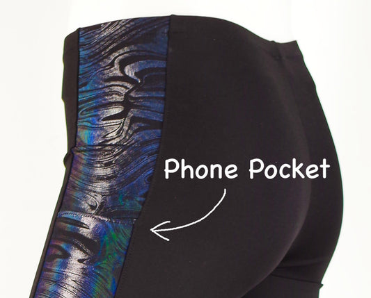 Meggings or Mens Running Tights with Iridescent Black Strip and Phone Pocket
