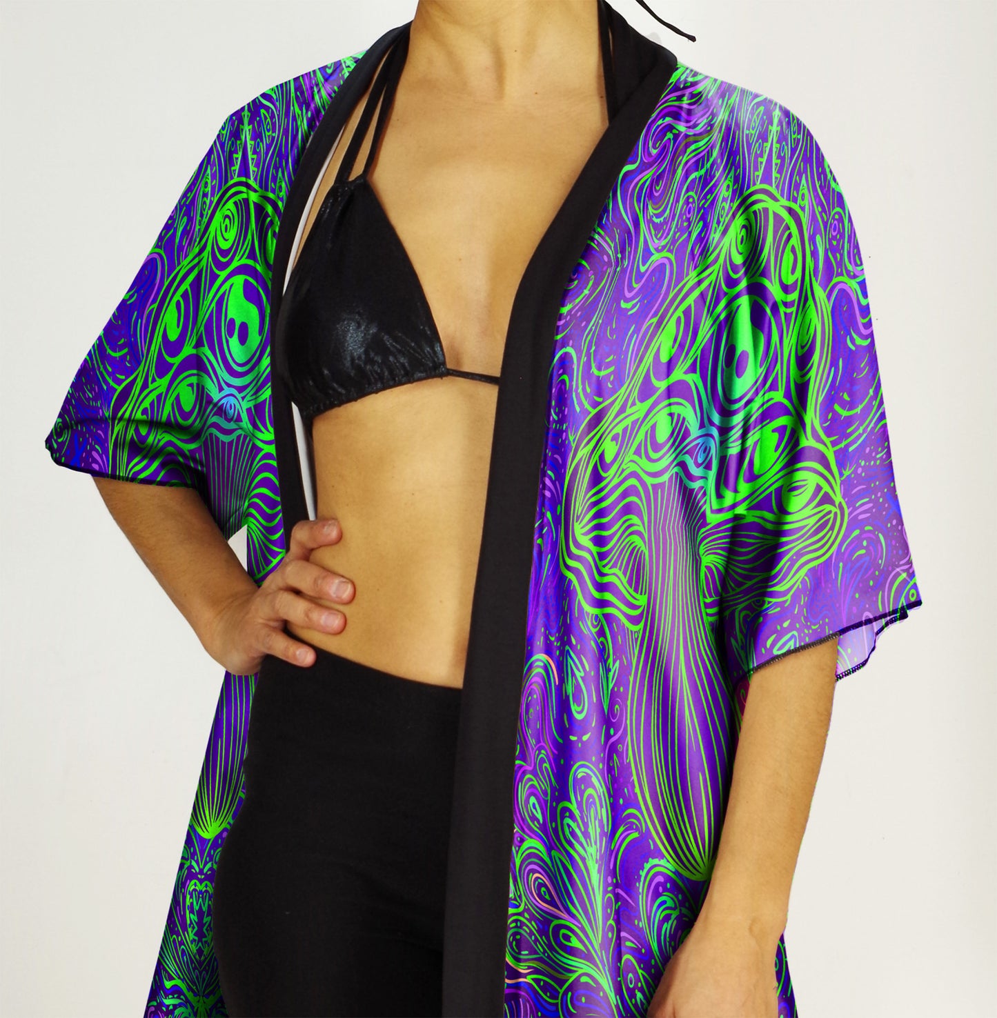 Festival Kimono-Style Draped Jacket Mushroom Print in Purple and Green