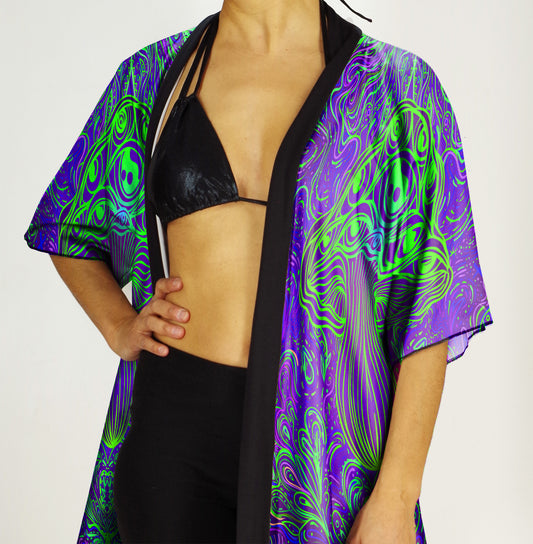 Festival Kimono-Style Draped Jacket Mushroom Print in Purple and Green