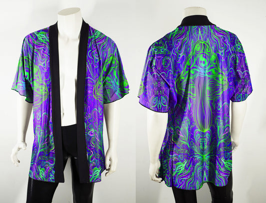 Festival Kimono-Style Draped Jacket Mushroom Print in Purple and Green