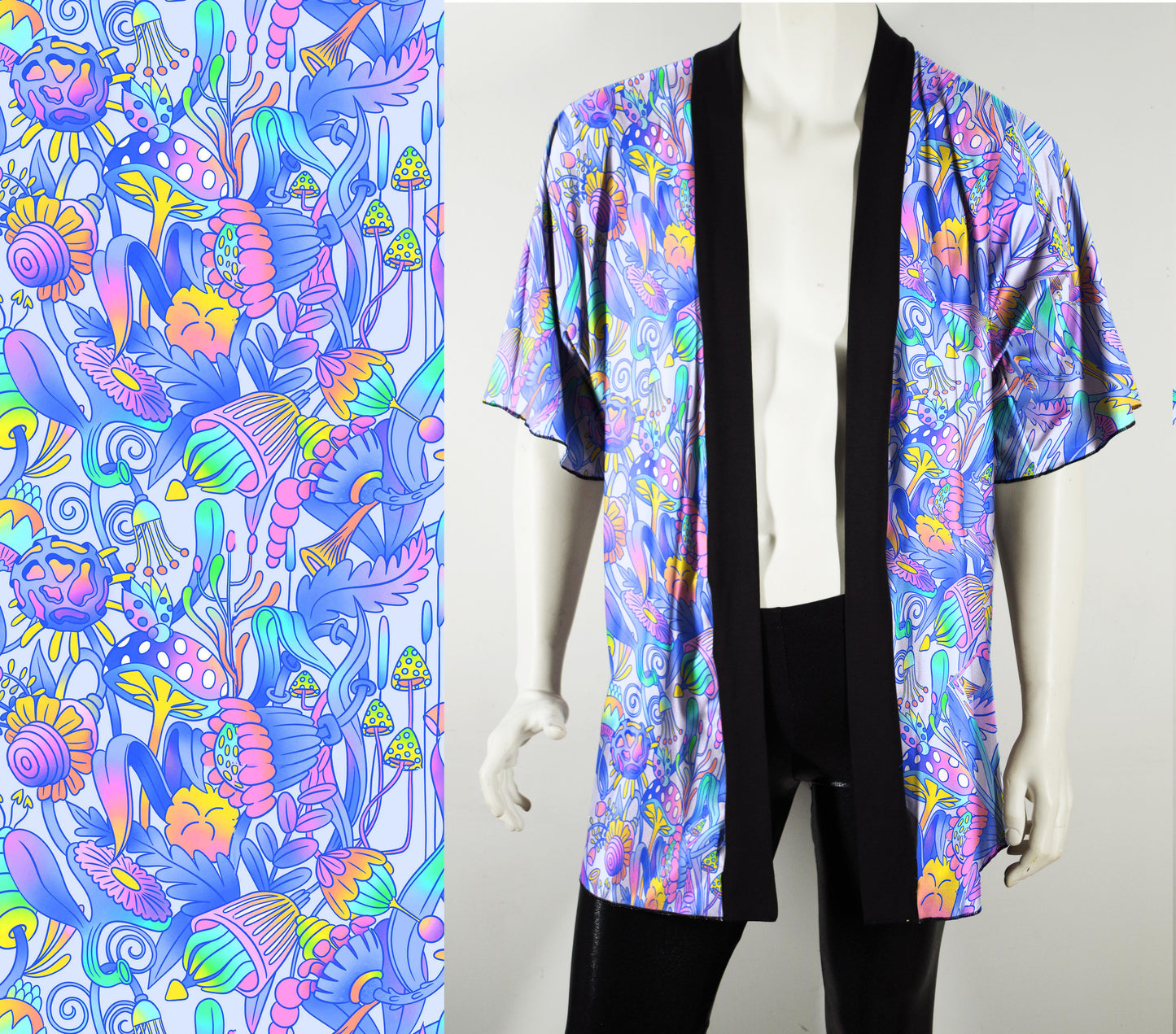 Festival Kimono-Style Draped Jacket with Fantastical Flora and Mushrooms