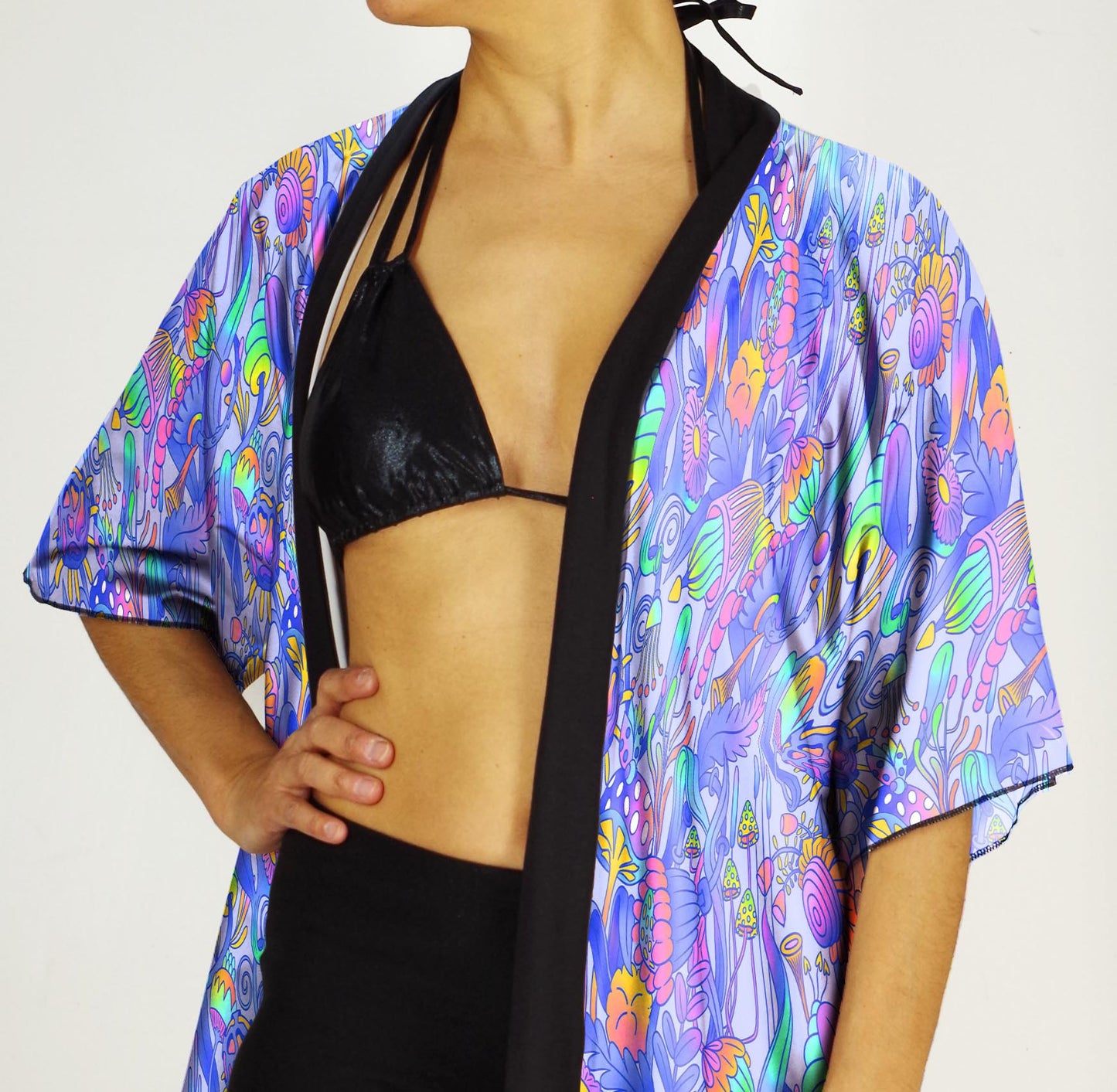 Festival Kimono-Style Draped Jacket with Fantastical Flora and Mushrooms