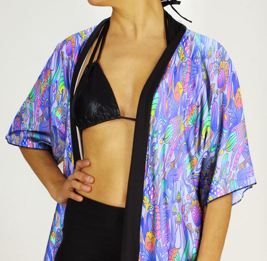 Festival Kimono-Style Draped Jacket with Fantastical Flora and Mushrooms