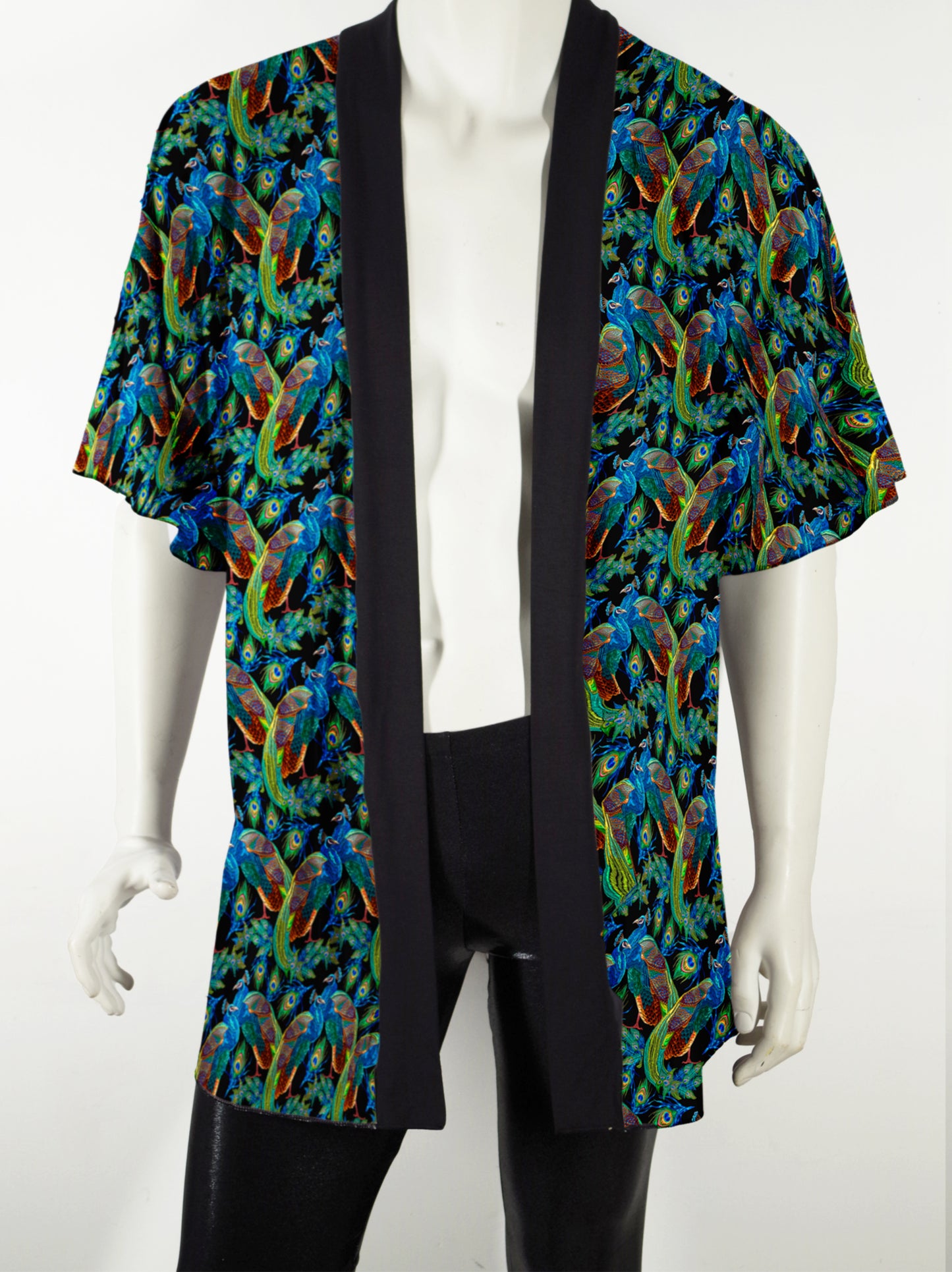 Festival Kimono Style Robe With Peacocks and Feather Back Graphic
