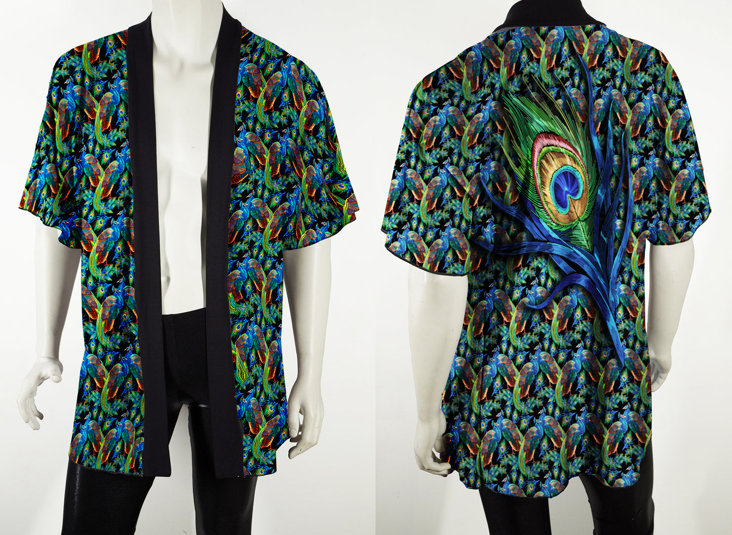 Festival Kimono Style Robe With Peacocks and Feather Back Graphic