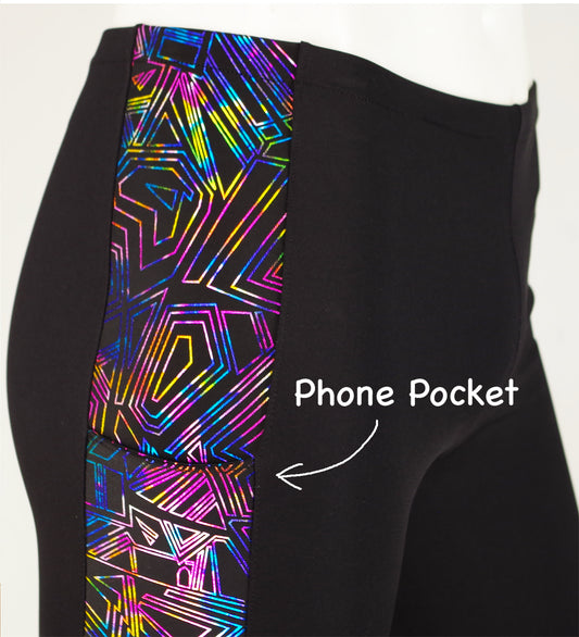 Meggings or Mens Running Tights with Geometric Metallic Strip and Phone Pocket