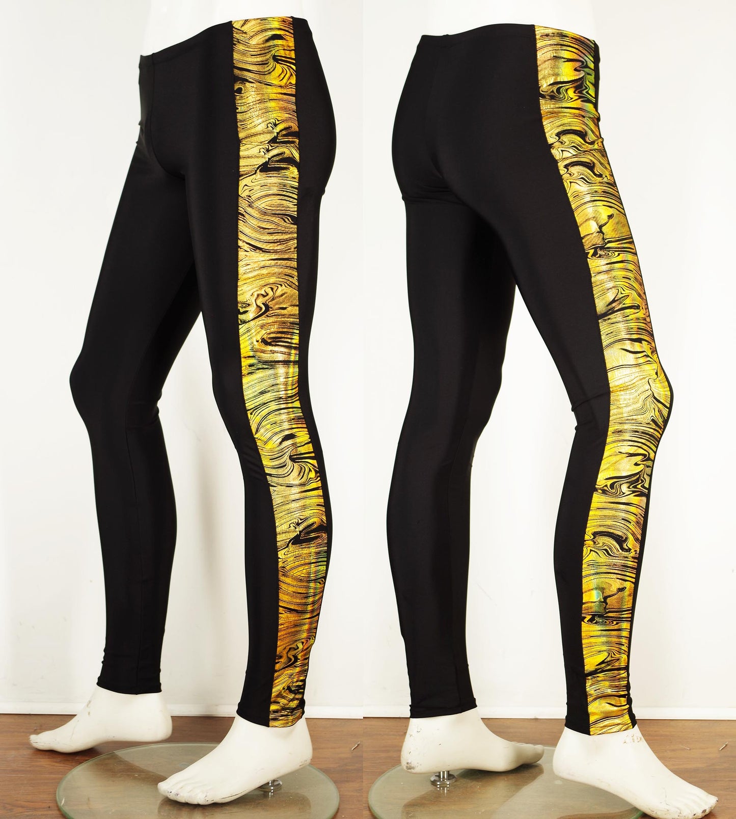Meggings or Mens Running Tights with Reflective Gold Strip and Phone Pocket