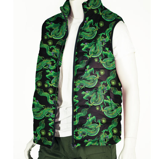 Puffer Vest Men's in Green Dragons Print