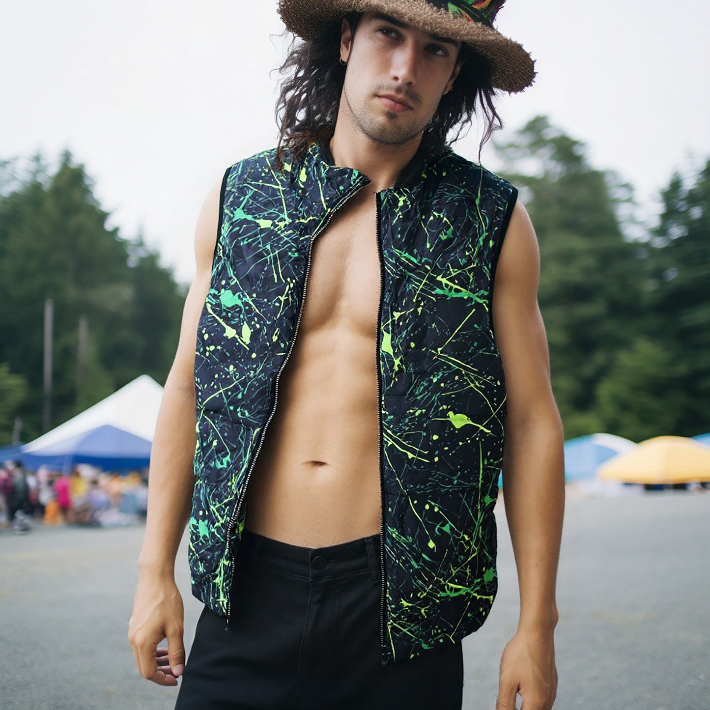 Puffer Vest Men's in Retro Ski Style Neon Green Paint Splatter