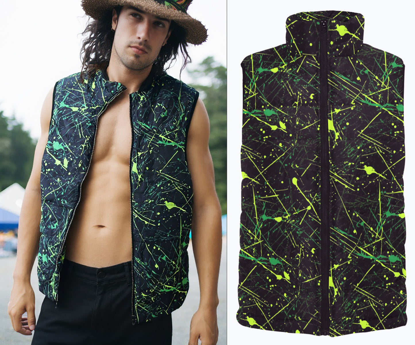 Puffer Vest Men's in Retro Ski Style Neon Green Paint Splatter