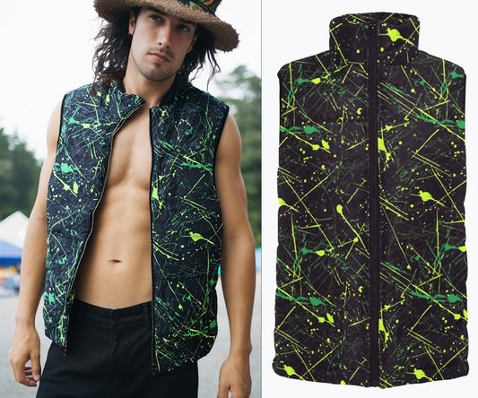 Puffer Vest Men's in Retro Ski Style Neon Green Paint Splatter