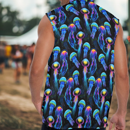 a man wearing a sleeveless jellyfish button up shirt in front of the vending tents at Shambhala Music Festival