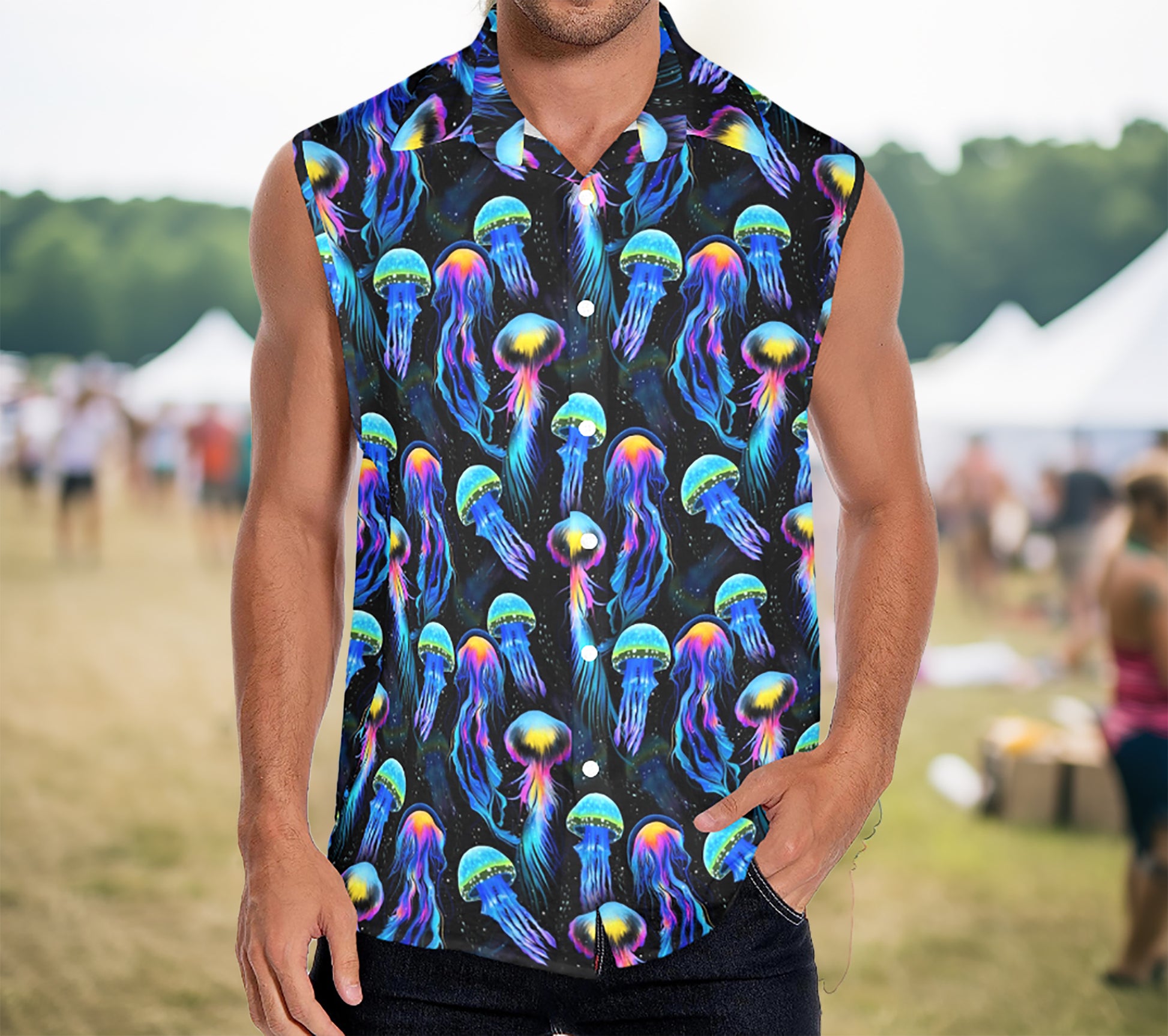 a man wearing a sleeveless jellyfish button up shirt in front of the vending tents at Bonnaroo