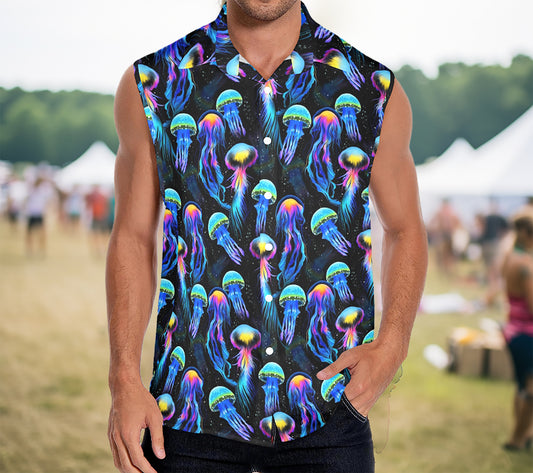 a man wearing a sleeveless jellyfish button up shirt in front of the vending tents at Bonnaroo