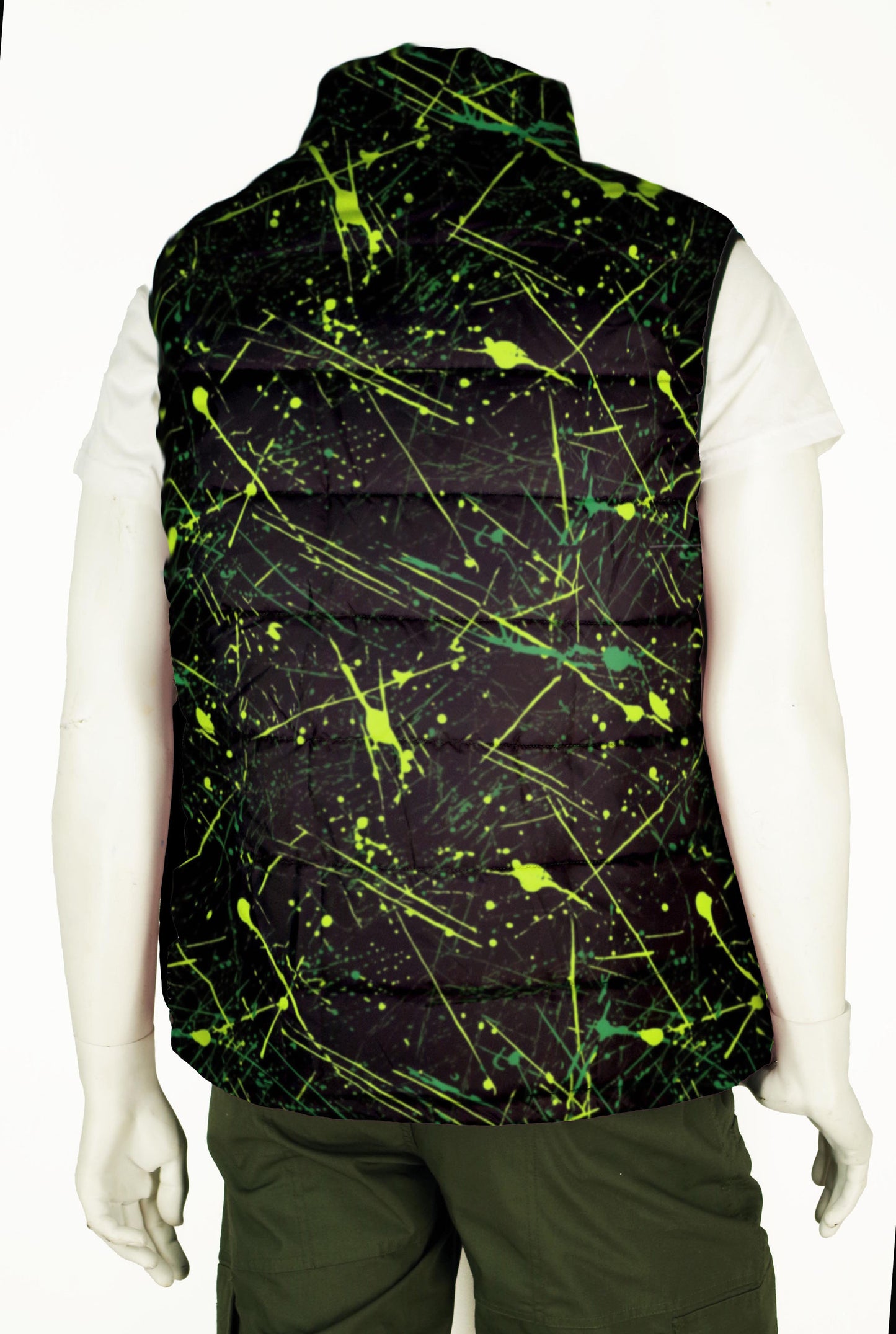 Puffer Vest Men's in Retro Ski Style Neon Green Paint Splatter
