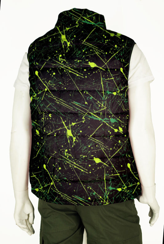Puffer Vest Men's in Retro Ski Style Neon Green Paint Splatter