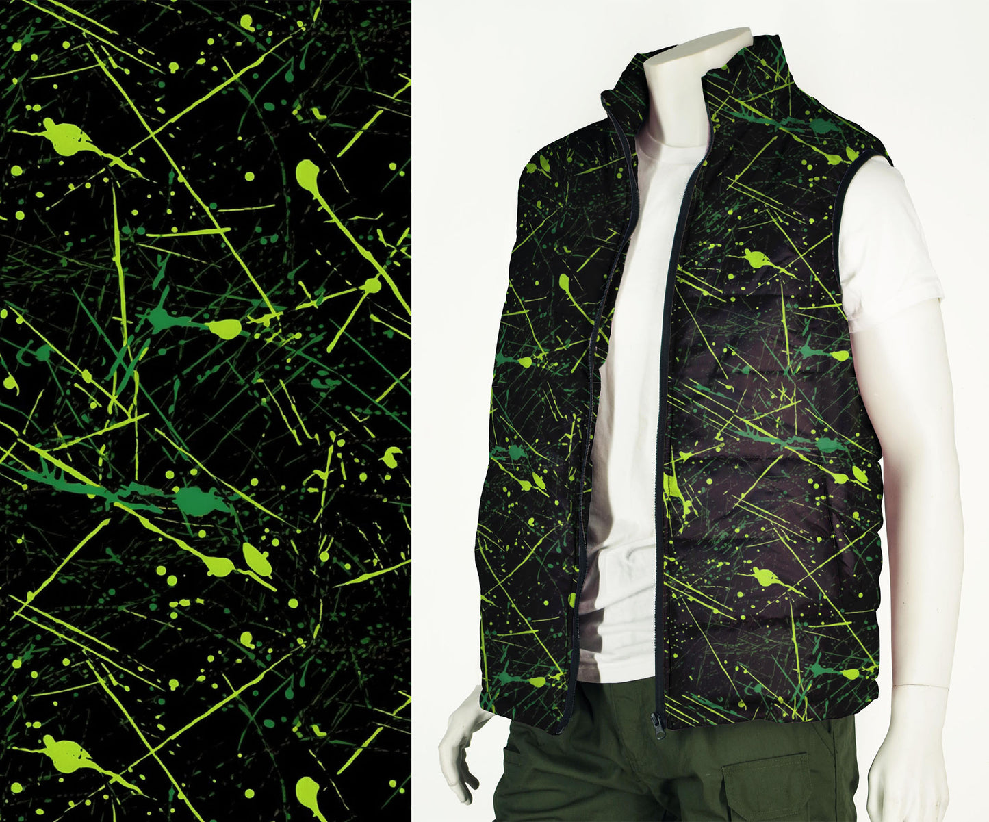 Puffer Vest Men's in Retro Ski Style Neon Green Paint Splatter