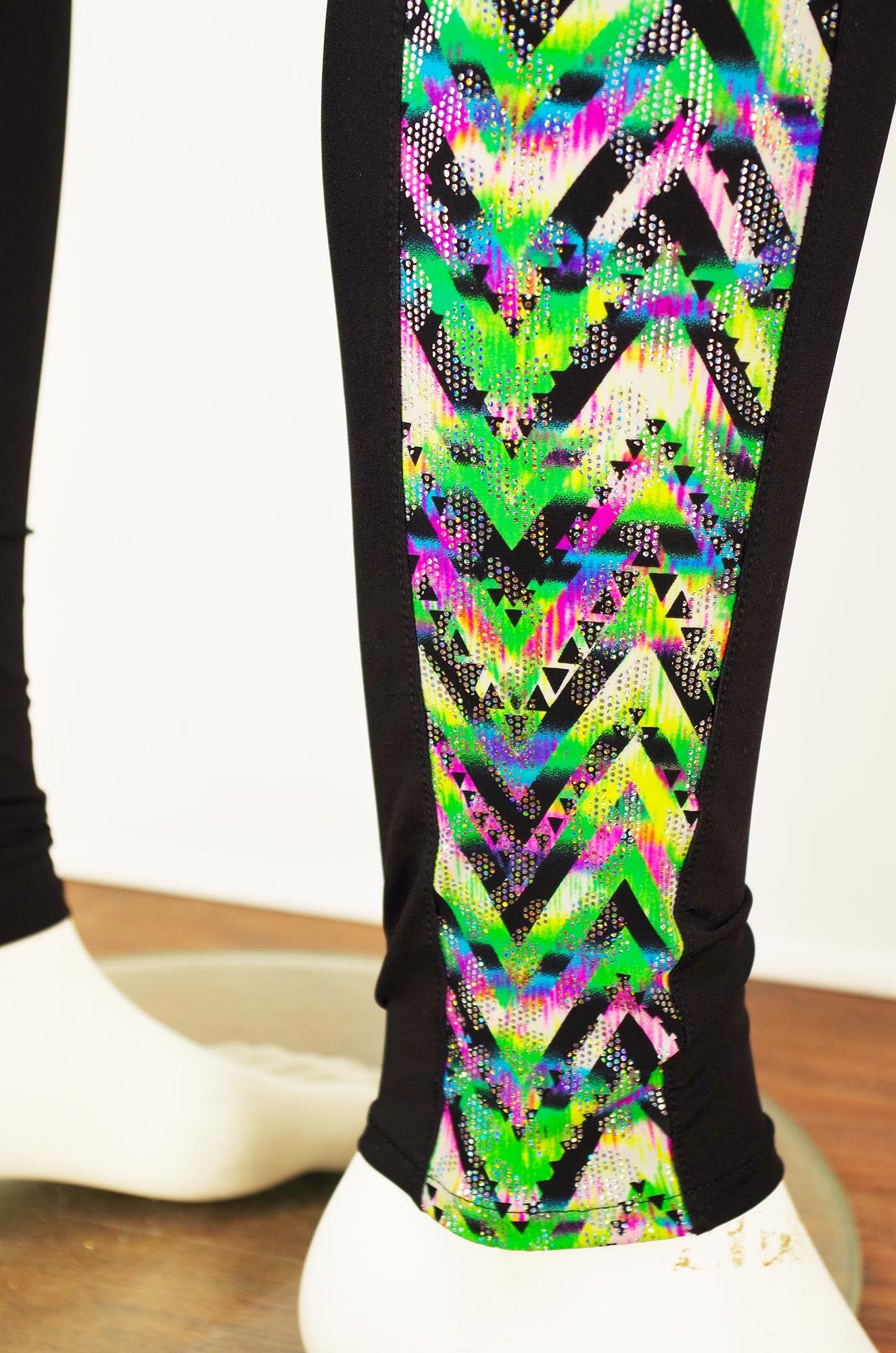 Meggings or Mens Running Tights with Retro Neon Green Print Strip and Phone Pocket