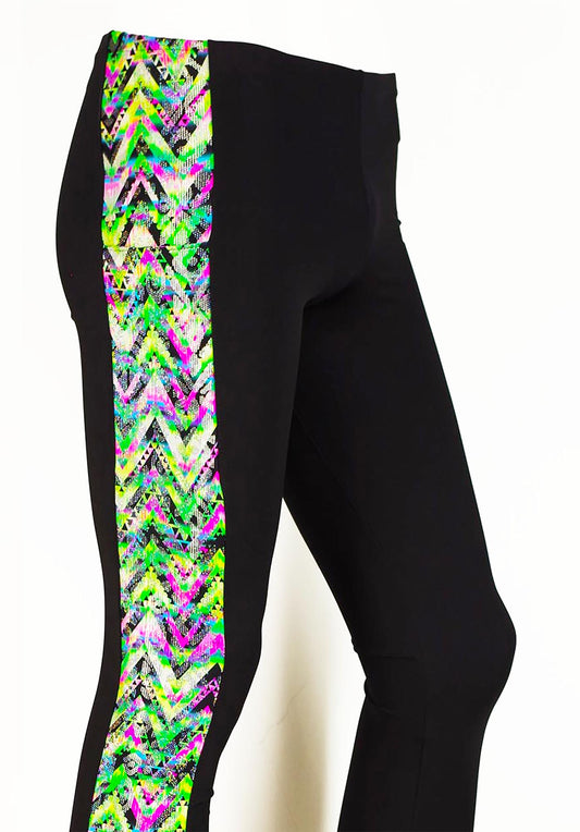 Meggings or Mens Running Tights with Retro Neon Green Print Strip and Phone Pocket