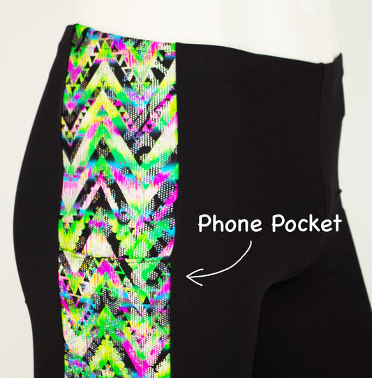Meggings or Mens Running Tights with Retro Neon Green Print Strip and Phone Pocket