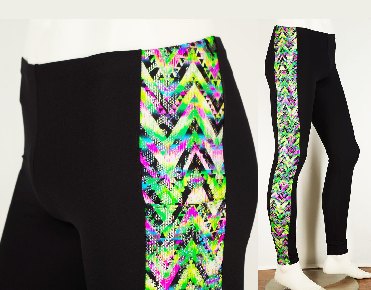 Meggings or Mens Running Tights with Retro Neon Green Print Strip and Phone Pocket