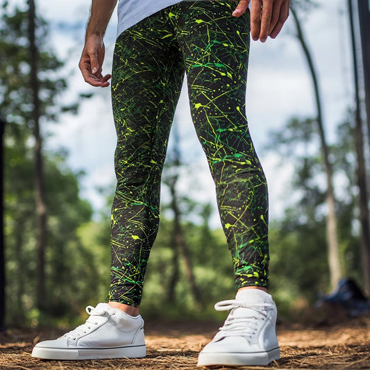 Men's Leggings in Retro Neon Green Paint Splatter Print