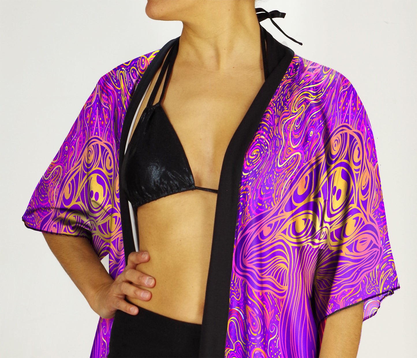 Festival Kimono-Style Draped Jacket Mushroom Print in Fuchsia and Gold