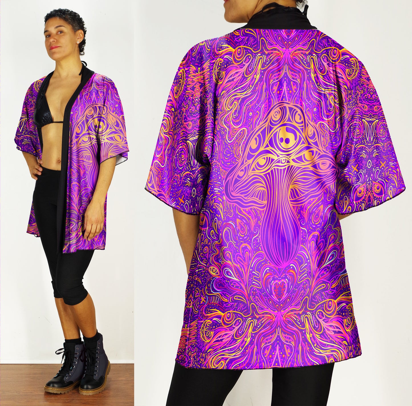 Festival Kimono-Style Draped Jacket Mushroom Print in Fuchsia and Gold
