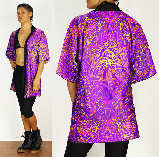 Festival Kimono-Style Draped Jacket Mushroom Print in Fuchsia and Gold