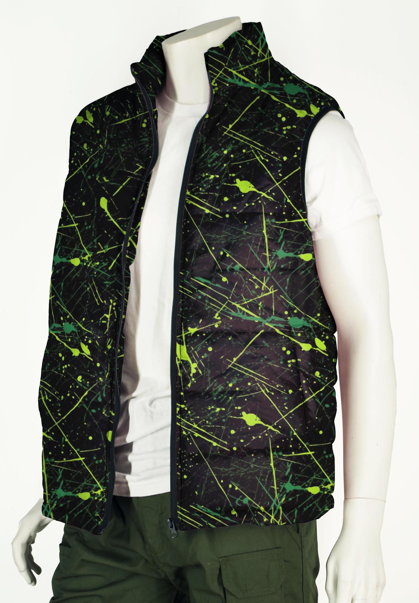 Puffer Vest Men's in Retro Ski Style Neon Green Paint Splatter