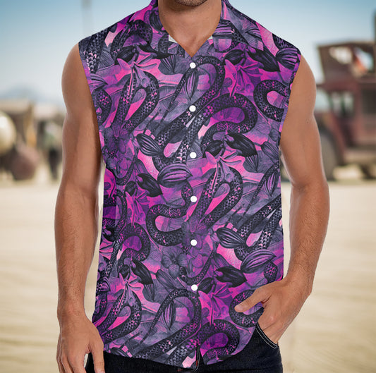 a man wearing a snake print tropical button up shirt on the Playa at Burning Man