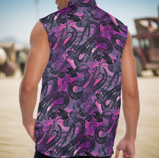 a man wearing a snake print tropical button up shirt on the Playa at Burning Man