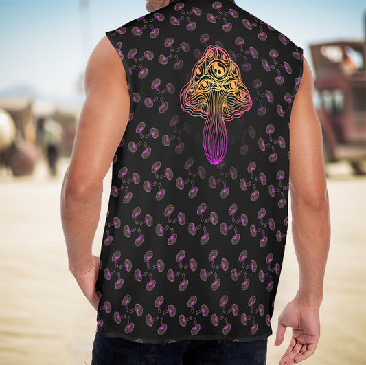 a man wearing a mushroom print button up shirt on the Playa at Burning Man