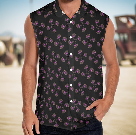 a man wearing a mushroom print button up shirt on the Playa at Burning Man