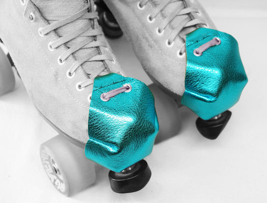 Aqua Turquoise Metallic Leather Toe Caps for Roller Skates