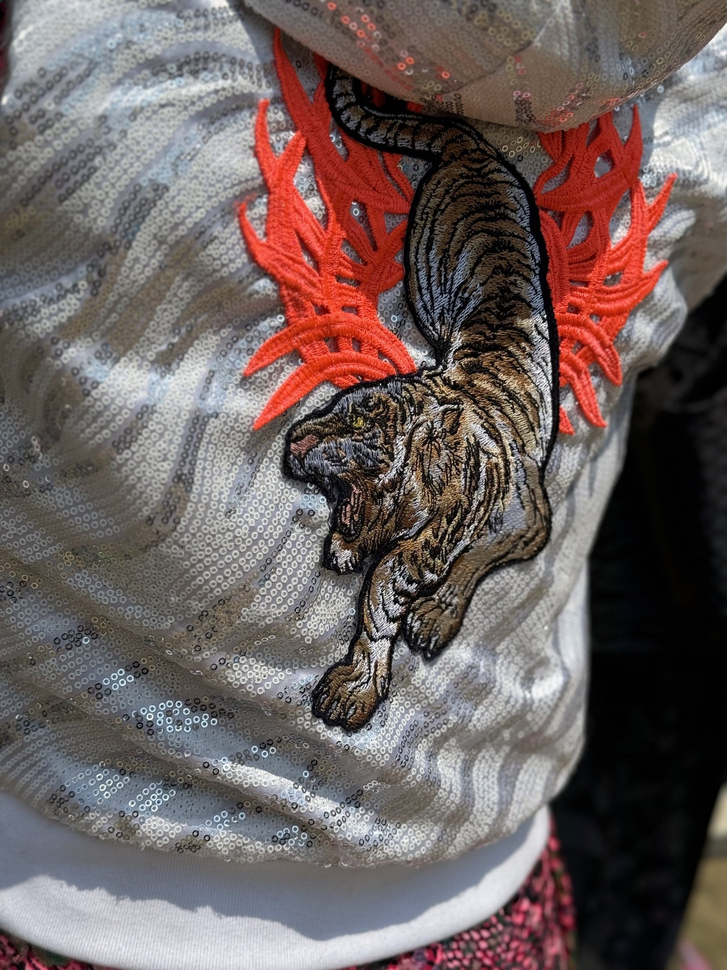 Handmade White Sequin Tiger Vest with Fur Lining