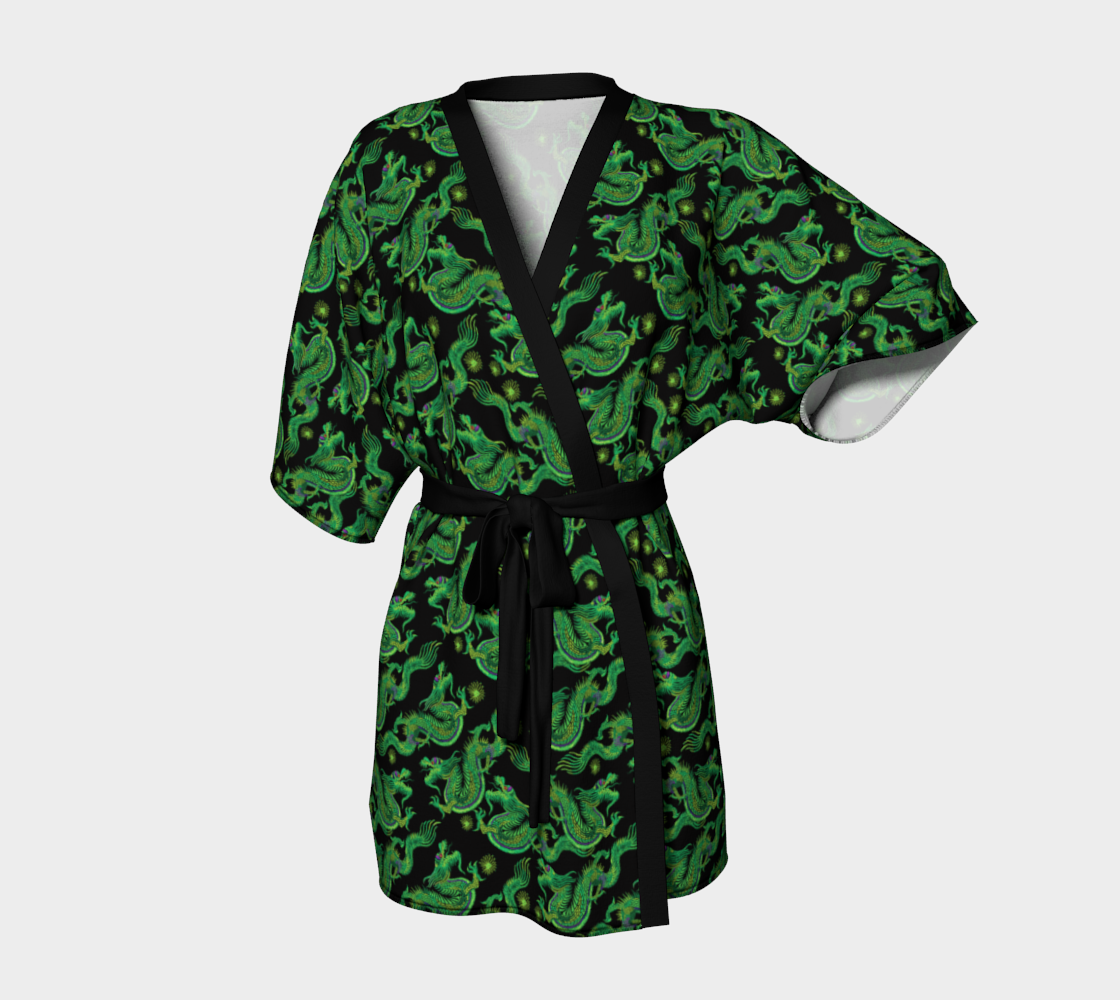 Festival Kimono-Style Draped Jacket with Green Dragons Print