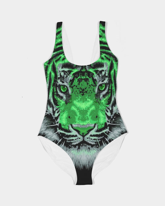 Festival One Piece Swimsuit:  Neon Green Tiger Face