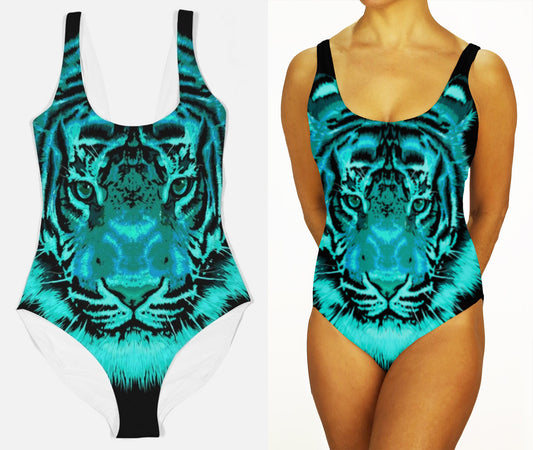 Women's Festival One Piece Swimsuit:  Aqua Tiger Face