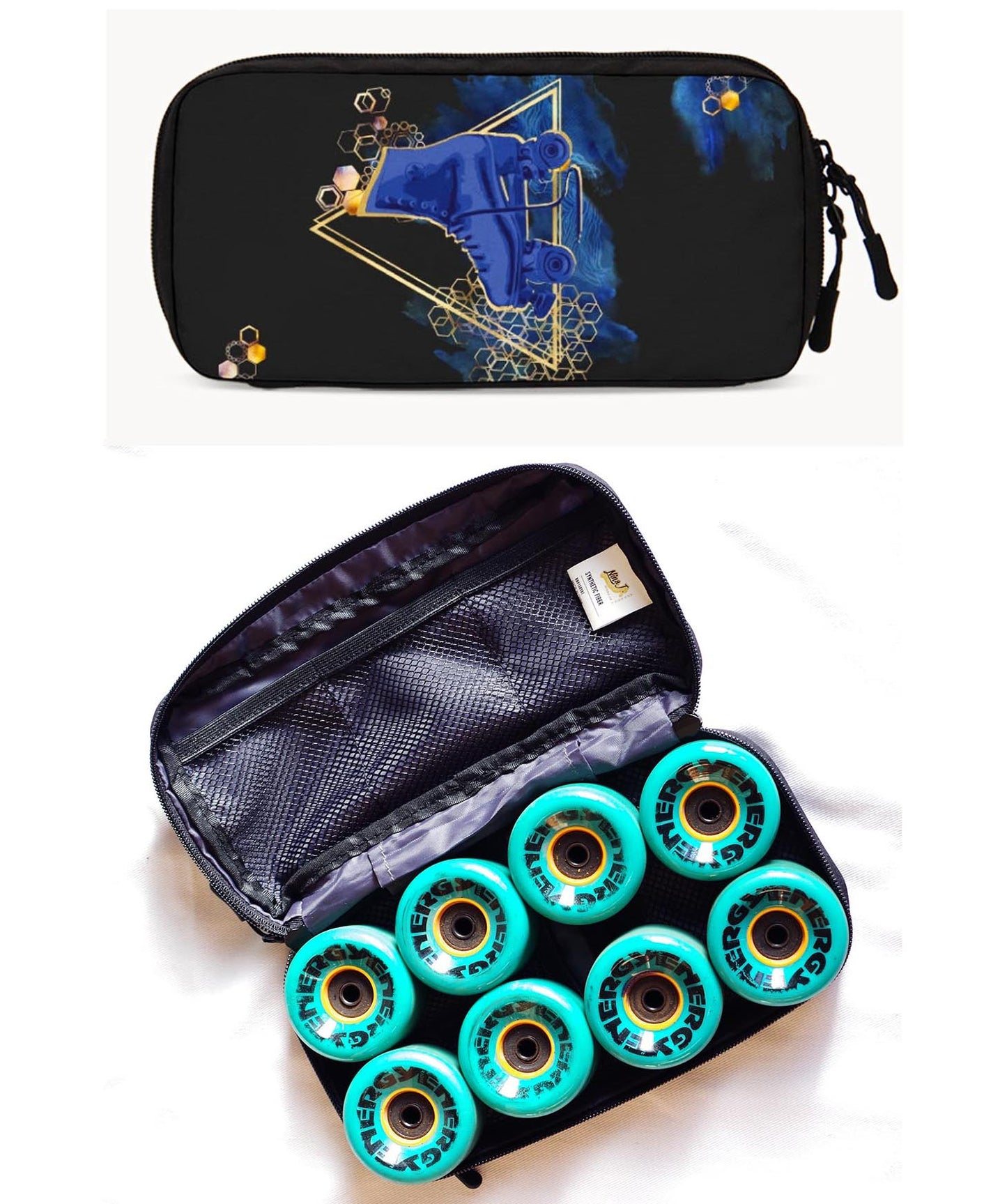 Roller Skates Wheel Bag with Blue and Gold Triangles & Honeycombs