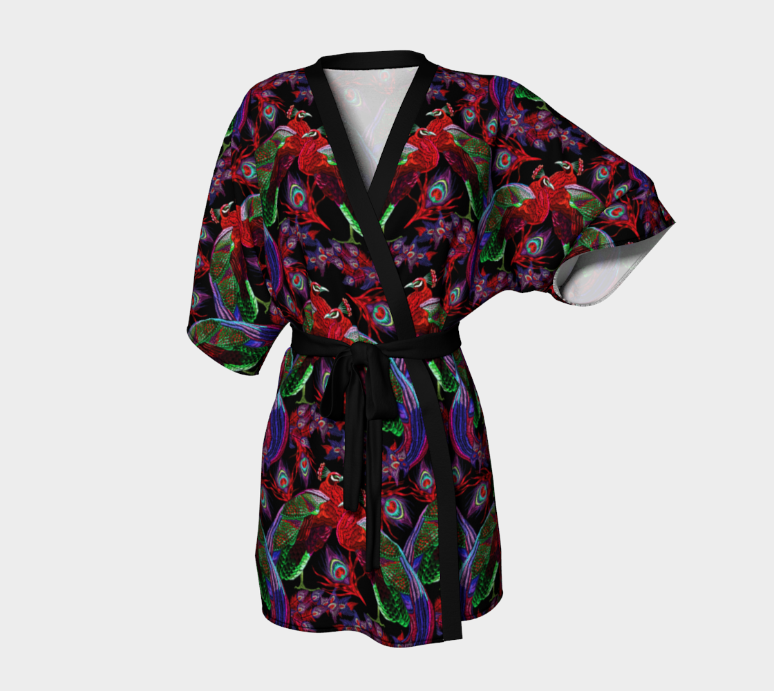 Festival Kimono-Style Draped Jacket with Red Peacock Print