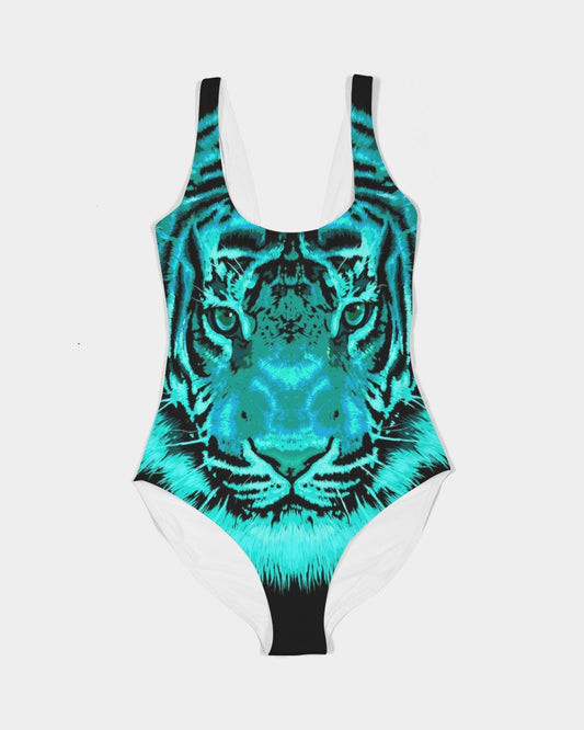 Women's Festival One Piece Swimsuit:  Aqua Tiger Face