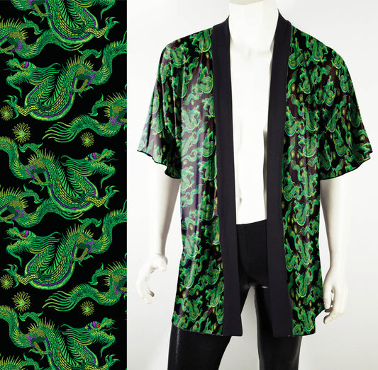 Festival Kimono-Style Draped Jacket with Green Dragons Print