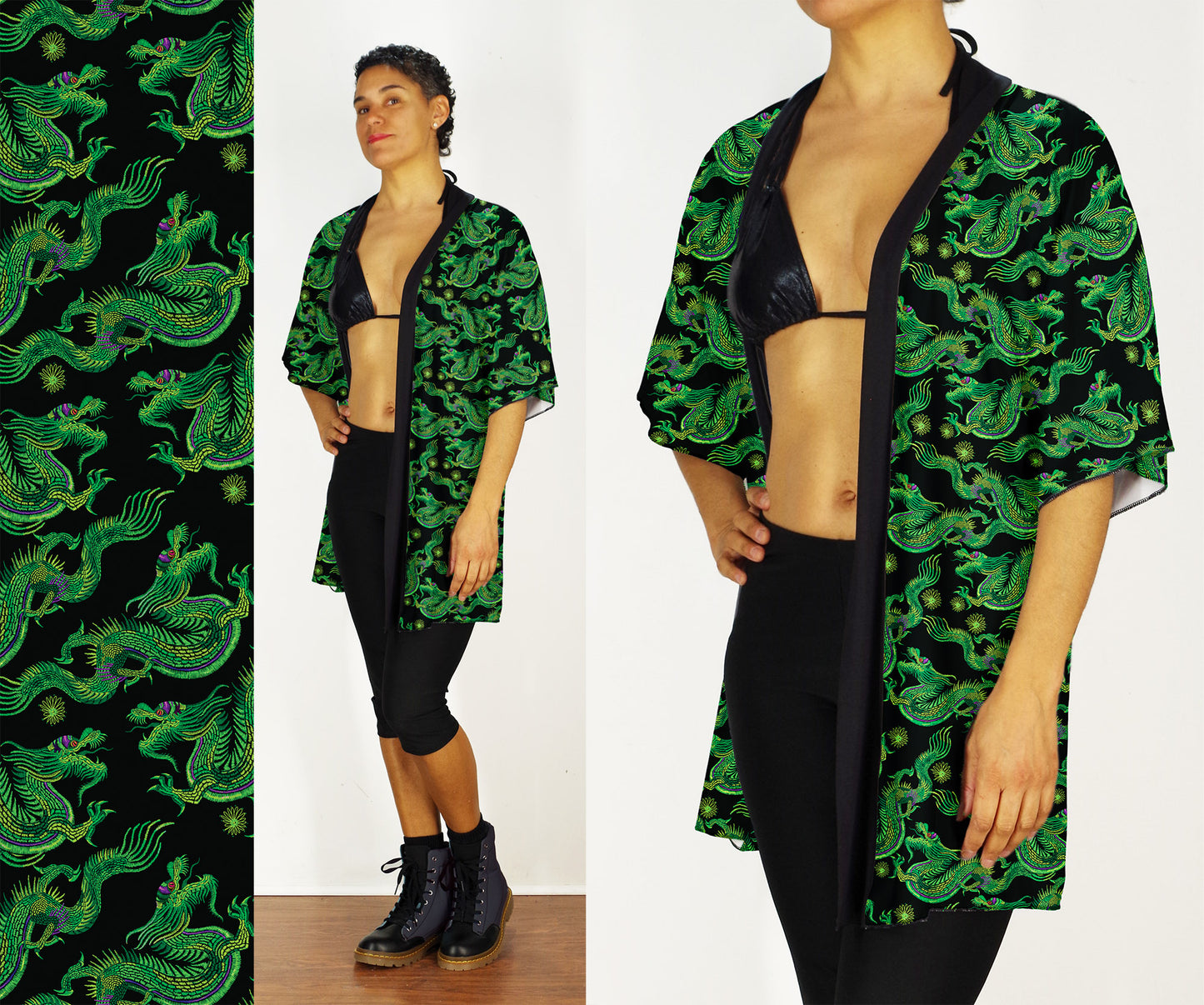 Festival Kimono-Style Draped Jacket with Green Dragons Print