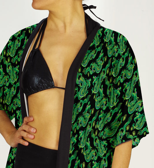 Festival Kimono-Style Draped Jacket with Green Dragons Print
