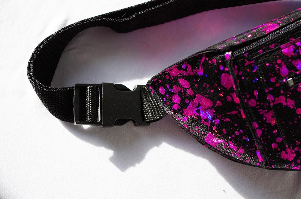 Hot Pink Paint Splatter on Black Leather Look Fanny Pack