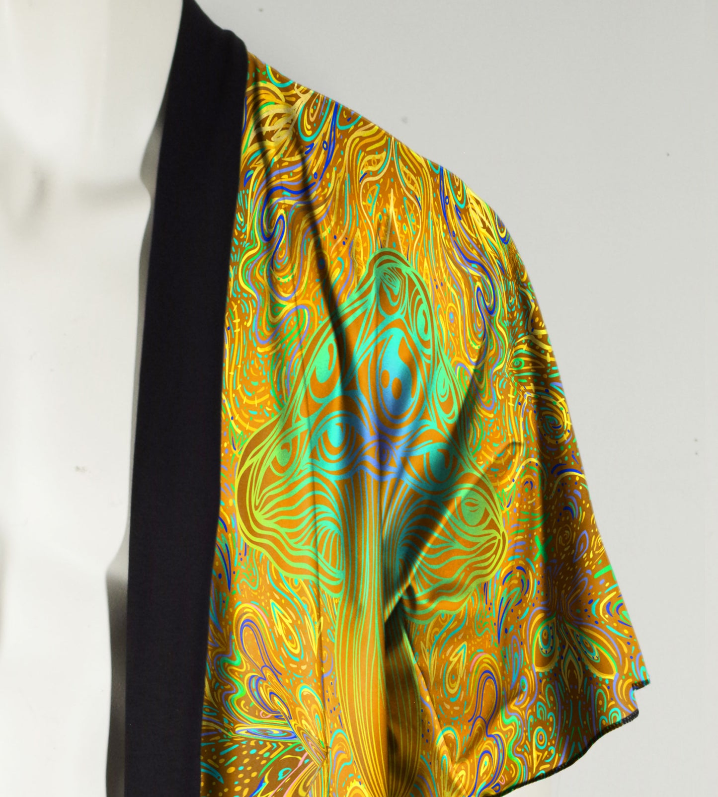 Festival Kimono-Style Draped Jacket in Mustard Yellow Mushroom Print