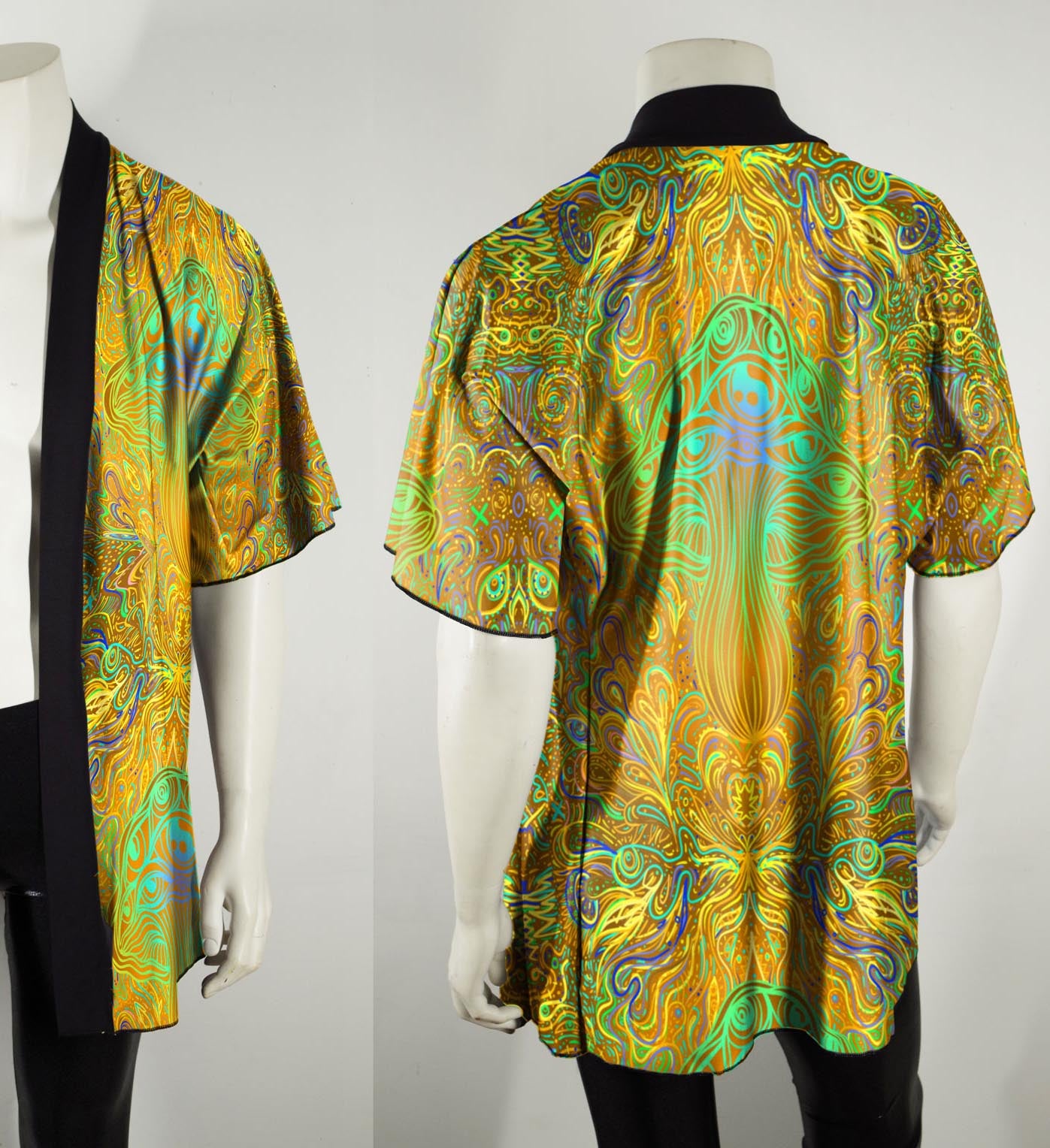 Festival Kimono-Style Draped Jacket in Mustard Yellow Mushroom Print